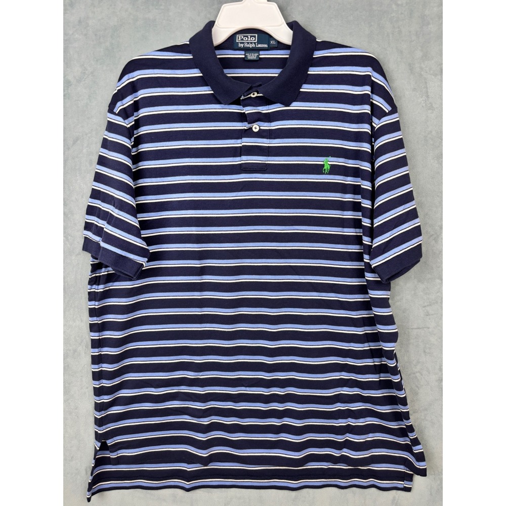 Polo Ralph Lauren Mens XL Blue Striped Short Sleeve Cotton Polo Shirt Green Pony